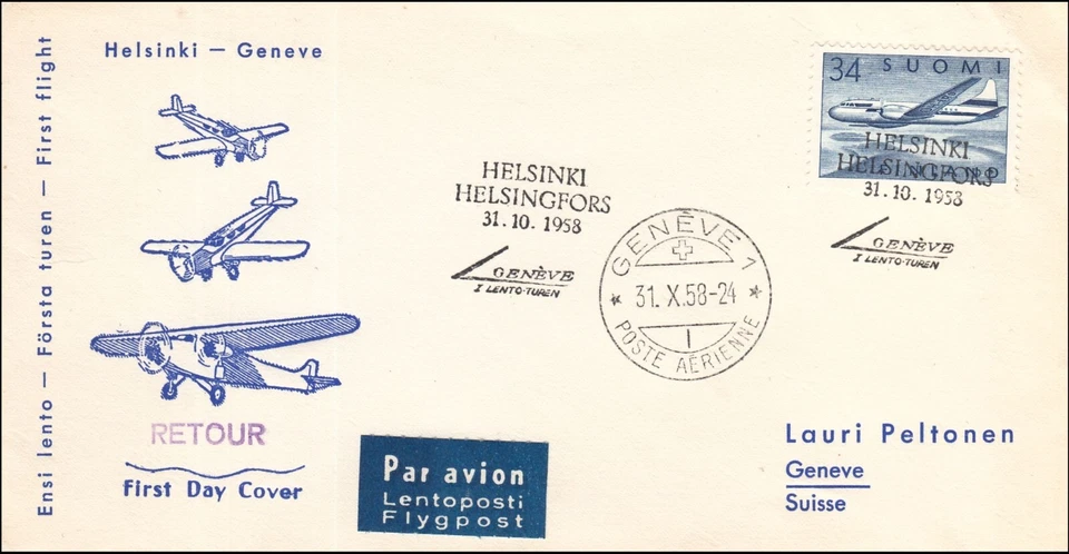 Convair First Fly Helsinki Ginebra Suiza Aviación Finnair Finlandia FDC 1958 Foto 1 de 1