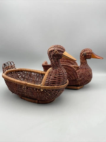 Lot Of 2 Rattan Wicker Swan Goose Duck Figural Planter Baskets Retro Vintage Cover