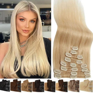 Premium Clip in Human Hair Extensions 100% Real Remy Hair 8pcs Weft Blonde 8-24" - Picture 1 of 60