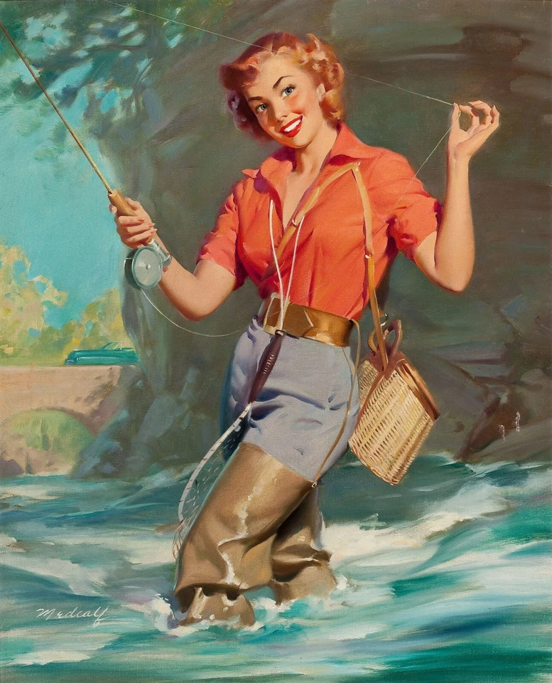 WILLIAM MEDCALF Pinup Art Poster or Rolled Canvas Print "FLY FISHING" - Image 1 of 1