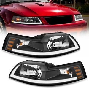 [LED Bar] Black Housing Headlights For 1999-2004 Ford Mustang 00 01 02 03 LH RH - Picture 1 of 12