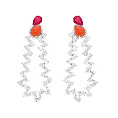 5.78 TCW Natural SI/H Diamond Ruby Coral Gemstone Dangle Earrings 18k White Gold - Image 1 of 4