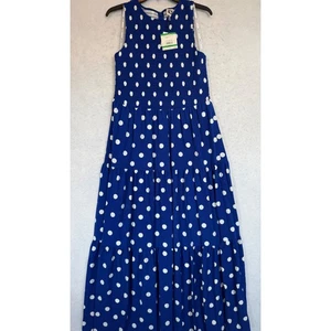Anne Klein Dress Womens Large Blue White Polka Dot Maxi Sleeveless Smocked NEW - Picture 1 of 14
