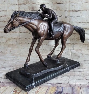 Bronze Jockey Reiter Reiter Pferderennen Statue Skulptur Dekor 16" x 23" - Bild 1 von 10