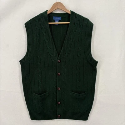 Vintage Towncraft Sweater Vest 90s Green Knit Grunge Grandpa Cardigan Mens Large - Image 1 of 4