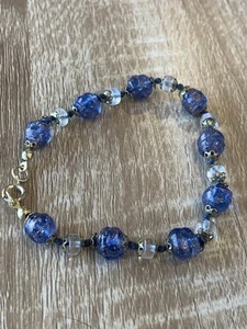Vintage Venetian Blue & Gold Tone Art Glass Bracelet ~ 21.5 Cm - Picture 1 of 3