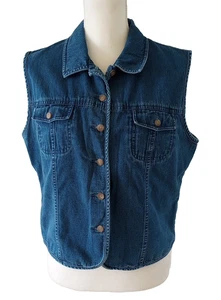 Vintage 90s Talbots Denim Vest Large Petite Blue Jean Button Front Grunge Cotton - Picture 1 of 8