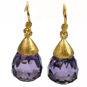 De Buman 24.83ctw Genuine Amethyst & Diamond Solid 18K Yellow Gold Earrings - Picture 1 of 3