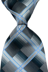 New Classic Plaids&Checks Gray Blue JACQUARD WOVEN 100% Silk Men's Tie Necktie - Picture 1 of 2