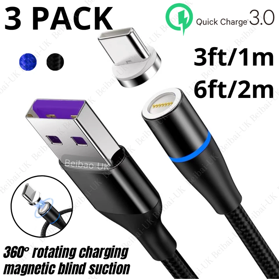 3 Pack 3/6Ft 360° Magnetic 3A Fast USB Type C Charger Charging Cable For Samsung - Image 1 of 4