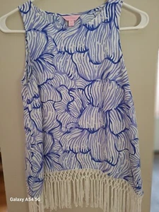 Lilly Pulitzer Gr. 0 Tanktop mit Fransen, U-Ausschnitt, blau/weiß "süß" - Bild 1 von 8