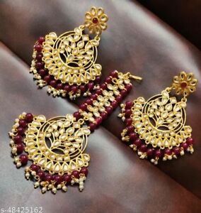 Kundan Long Earrings Maroon Pearl Tikka Tika Bollywood Traditional Jewelry Set