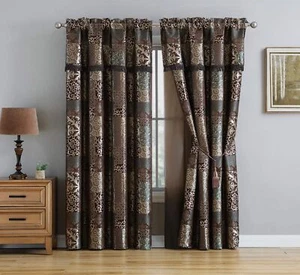 Chezmoi Collection Amelia 4-Piece Brown Teal Floral Jacquard Patchwork Curtai... - Picture 1 of 2
