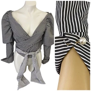Moda Nova Top Envolvente Para Mujer XS Azul Blanco Rayas Manga Abullonada Puño Náutico - Imagen 1 de 13