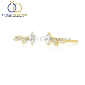 14k Solid Gold Triple Diamond Marquise Stud Earrings Handmade Fine Jewelry Gift - Picture 1 of 4