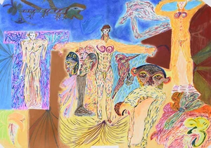 Bernd Klug 1943-2016 Berlino / grande tecnologia mista ~2000 / figure file art brut - Foto 1 di 24