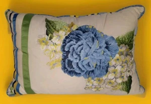 Waverly Embroidered Blue Hydrangea Striped Floral Pillow/Hidden Zipper - Picture 1 of 3