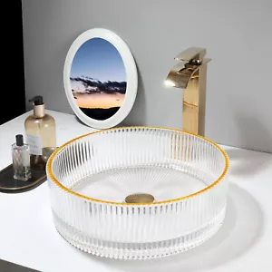 Bathroom Sink Round Clear Tempered Glass Waterfall Gold Faucet Deck Mounted Taps - Picture 1 of 16
