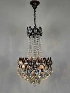 Antique / Vintage Brass & Crystals Chandelier Lighting, Ceiling Lamp Light 1950s - Picture 1 of 14