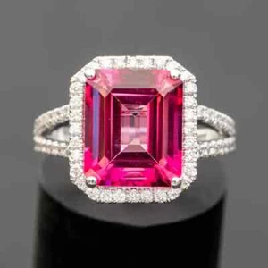 Halo Style 3.50TCW Emerald Pink Ruby & Simulated White Sapphire Anniversary Ring - Picture 1 of 9