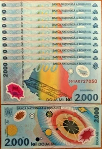 Romania 2000 LEI P-111 1999 x 10 Pcs 001A Prefix Commemorative UNC POLYMER NOTE - Picture 1 of 5