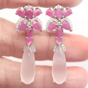 Unheated Pink Rose Quartz, Ruby & Cubic Zirconia Earring 925 Sterling Silver - Picture 1 of 4