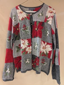 NORTHERN ISLES XL Holiday Cardigan Poinsettia Holly Knit Sweater Patchwork - Picture 1 of 6