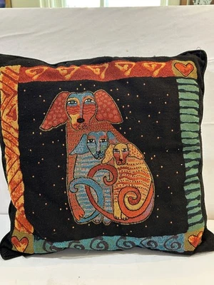 Vtg Laurel Burch Tapestry 3 Dog Throw Pillow 18" X 18" Suede Back Foto 1 de 3