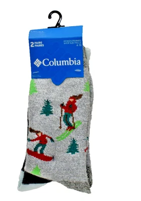 Columbia 2 Pair Winter Themed Ski Mountain Crew Socks Size 4-10 Multicolor New! - Image 1 of 4