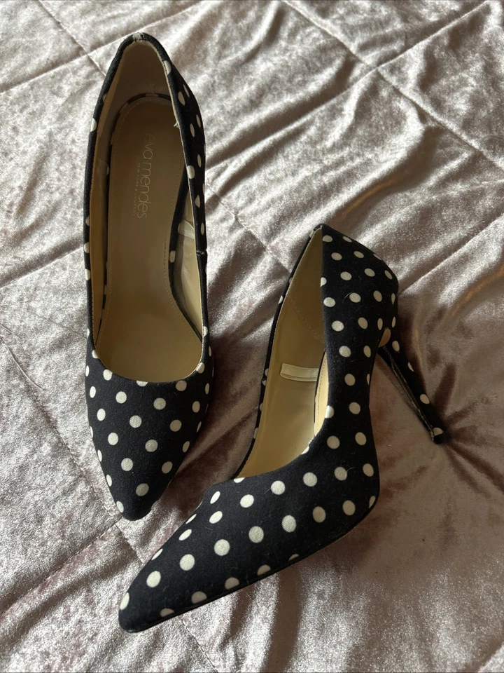 Черный белый в горошек насосы высокий каблук женщин размер 9 Ева Мендес туфли на шпильке - Изображение 1 из 4