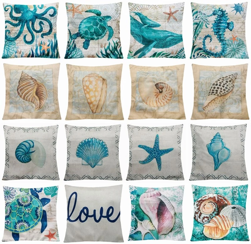 Ocean Coastal Throw PILLOW COVER Teal Blue Sofa Decorative Cushion Case 18x18" - Image 1 of 1