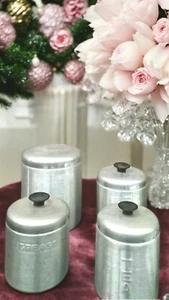 Vintage MCM Brushed Aluminum Kitchen Canister Set 4 Sugar Coffee Tea GREASE - Picture 1 of 19