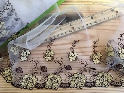 Brown & Yellow Embroidered Lace Trim with White Tulle for Sewing/Crafts/8" Wide - Image 1 of 4