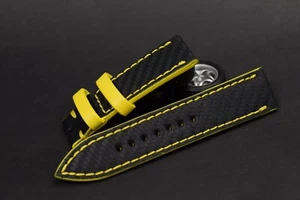 PULSERA RELOJ 22 20 18MM NEGRO AMARILLO CUERO AUTÉNTICO ÓPTICA CARBONO MA CORREA - Imagen 1 de 11