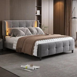 Polsterbett 140x200 cm Bett Samtbezug Bettgestell mit LED Licht, Lattenrost Grau - Bild 1 von 14