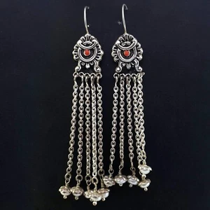 925 Sterling Silver Coral Stone Nepal Tibetan Chain Drop Dangle Earrings Vintage - Picture 1 of 3