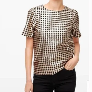 NUEVO CON ETIQUETAS J CREW Blusa Top L/12 Lúrex Manga Abullonada Negra y Dorada Metálica - Imagen 1 de 10
