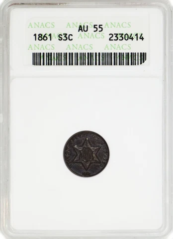1861 3CS Three Cent Silver Trime ANACS AU55 About Uncirculated Coin Old Soapbox Cover