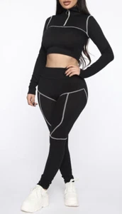 Women’s Black Long Sleeve Cropped Contrast High Rise 2pc Stretchy Leggings Top - Picture 1 of 5