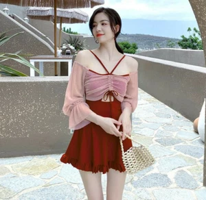 Korean Women Suspender Swim Dress Soft Sleeves Sexy Bikini Swimwear Bathing Suit - Picture 1 of 14