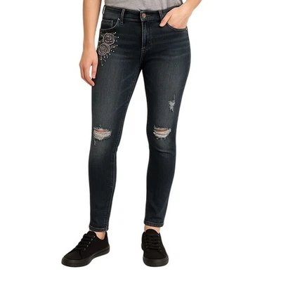 Rock Republic Kashmiere Black Jeans Distressed Embroidered Slim Faded Whiskered - Image 1 of 4