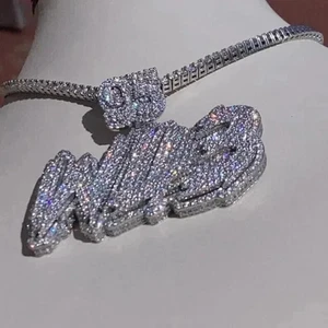 Custom Letter Pendant 4Ct Round Cut Real Moissanite 14K White Gold Plated Silver - Picture 1 of 11