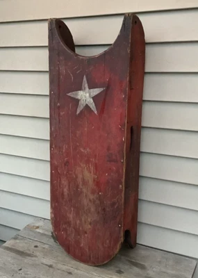 Antique Wooden Sled With Star & Red Paint Metal Runners Mortise Tenon 36" - Image 1 of 4