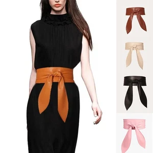 Faux Leather Tie Corset Wide Kimono Wrap Cinch Waistband Obi Bow Belt Women - Picture 1 of 20