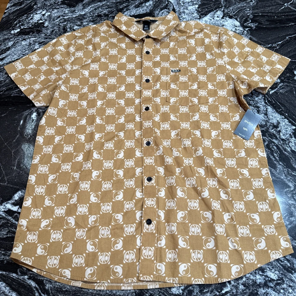 RVCA Kimura SS Woven Shirt Beige Brown Mens Size Large