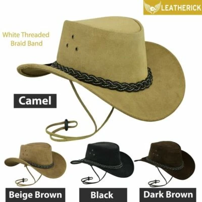 Australian Western Aussie Style Real Leather Cowboy Bush Hat With Chin Straps