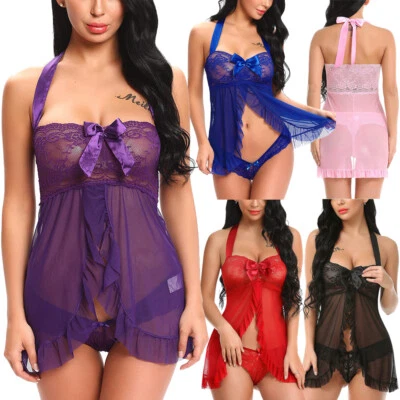 女士蕾丝娃娃新娘 Langerie Negligee Ruffle Halter Chemise 内衣 — 第 1/4 张图片