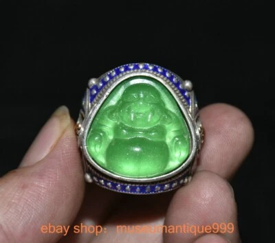 1.4" Old Chinese Silver inlay Green jade bat Maitreya Buddha jewelry Ring - Image 1 of 4
