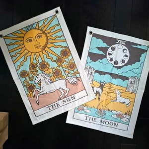 Set Of 2 Flag Tapestry - Sun and Moon Boho Tarot Wall Hangings Pair - Picture 1 of 9