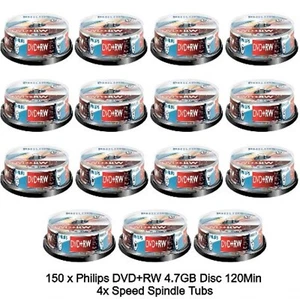 200 Philips DVD+RW 4.7GB Disc 120Min 4x Speed Spindle Tub Rewritable Blank Discs - Picture 1 of 11